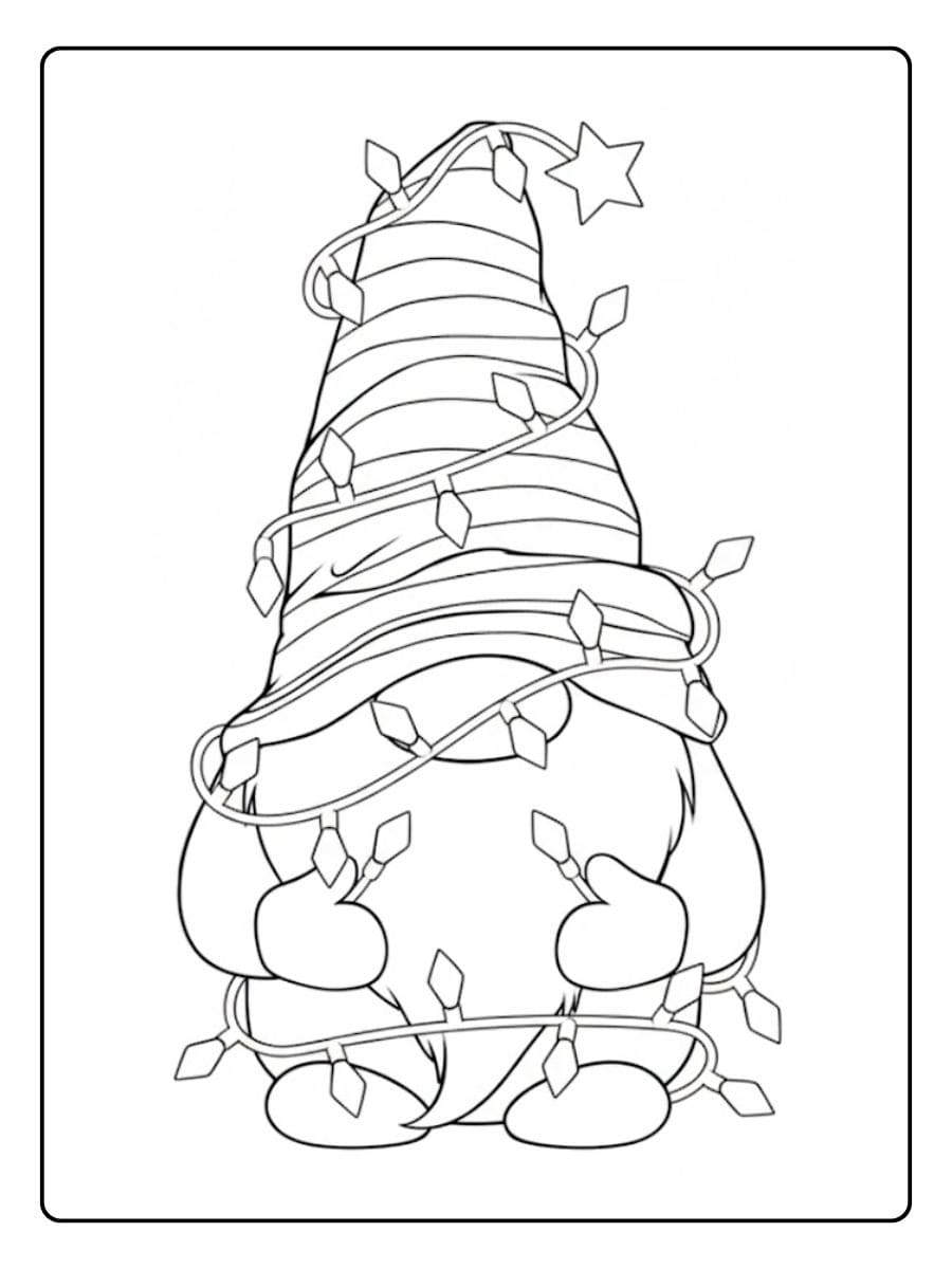 Ausmalbild Weihnachten Wichtel mit Lichterkette