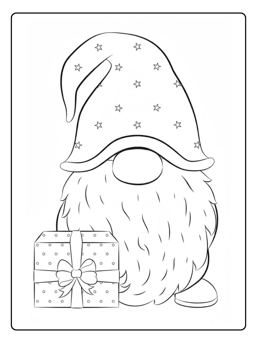 Ausmalbild Weihnachten Wichtel mit großem Geschenk