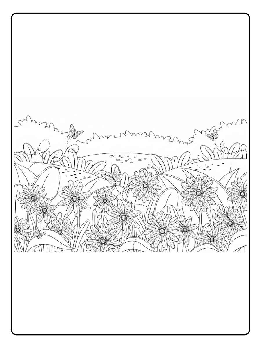 Ausmalbilder Blumenwiese mit Bienen und Schmetterlingen