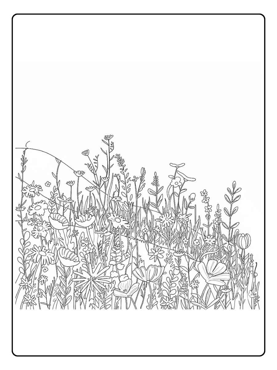 Ausmalbilder Blumenwiese mit vielen Blüten