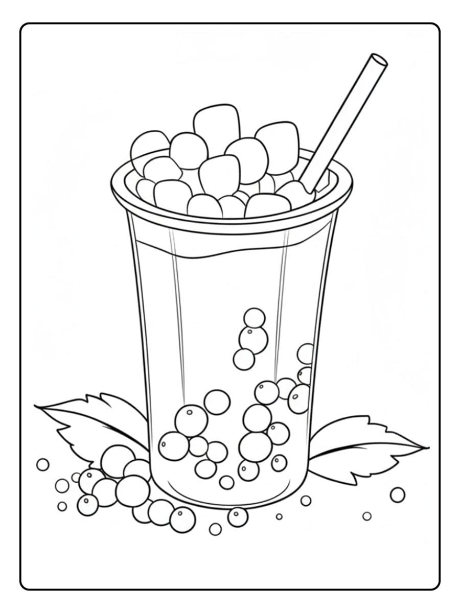 Erfrischender Bubble Tea mit Blättern zum Ausmalen.