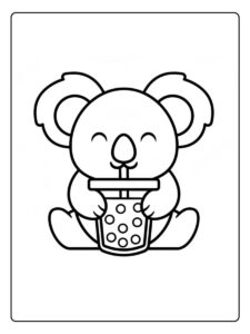Malvorlage kleiner Koala hält Bubble Tea fest umschlungen.