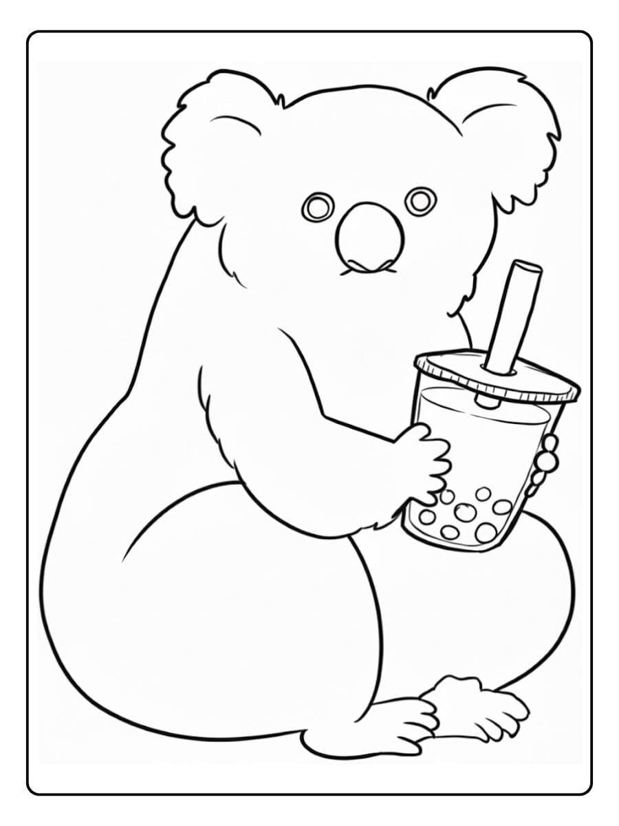 Einfache Skizze eines Koalas, der Bubble Tea trinkt.