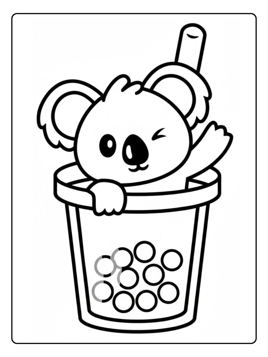 Ausmalbild zwinkernder Koala, der aus einem Becher herausschaut.