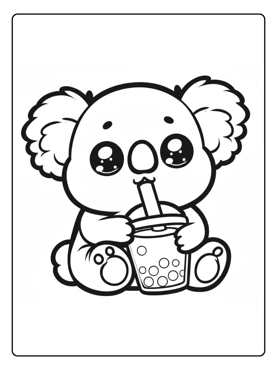 Kawaii Koala mit großen Augen und Bubble Tea zum Ausmalen.