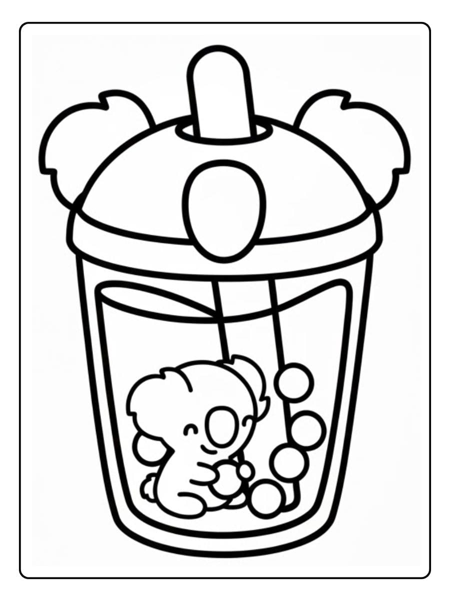 Ausmalbild winziger Koala, der in einem Bubble Tea Becher schwimmt.