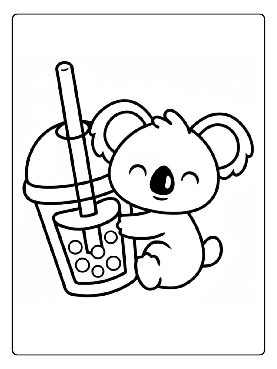 Koala lehnt an einem großen Bubble Tea Becher Malvorlage.