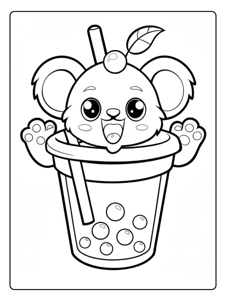 Ausmalbild kleiner Koala, der hinter einem riesigen Bubble Tea hervorschaut.