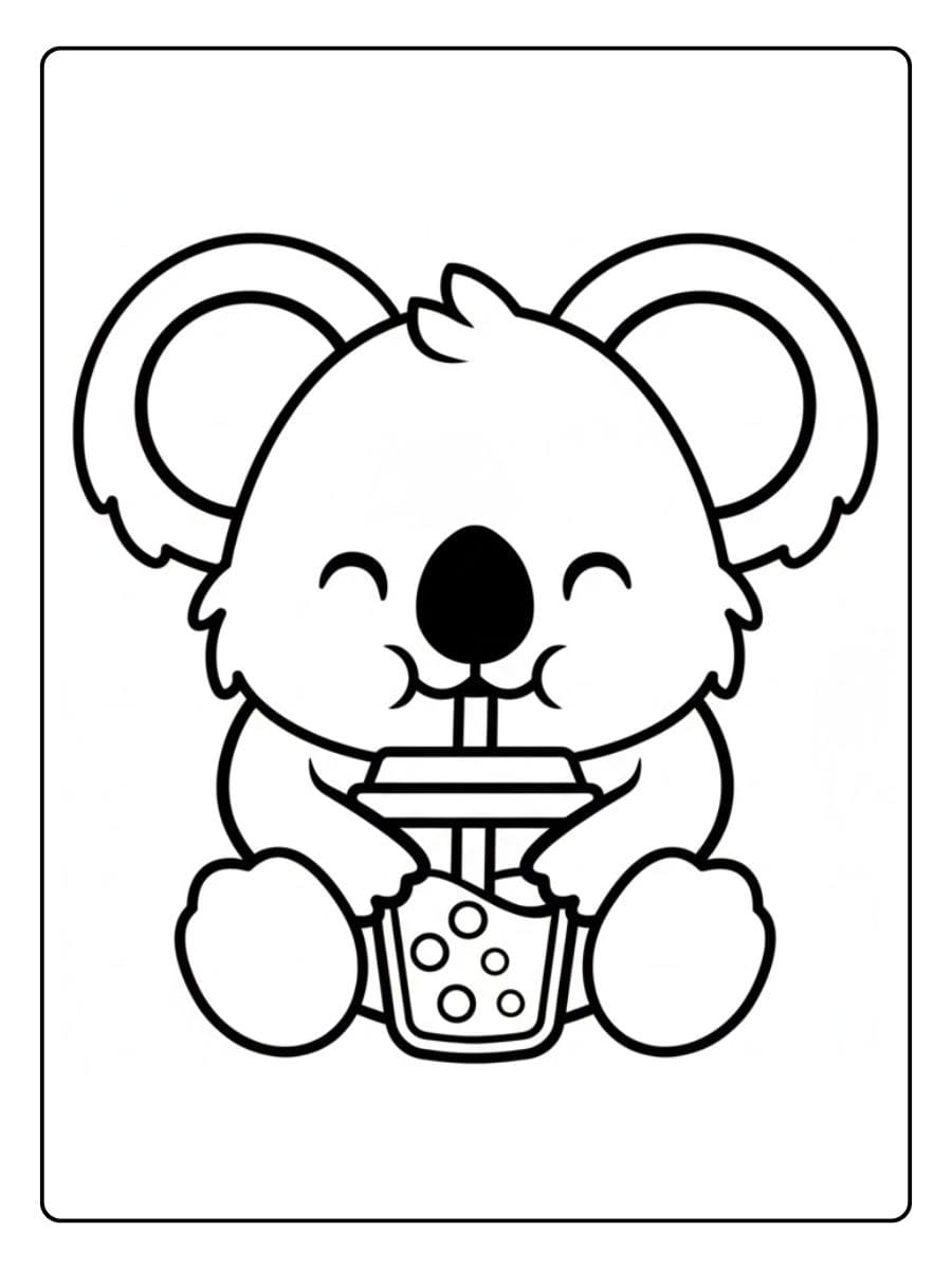 Malvorlage dicker, glücklicher Koala mit Bubble Tea.