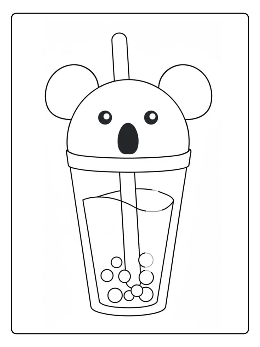 Ausmalvorlage Bubble Tea Becher mit Koala-Gesicht und Ohren.