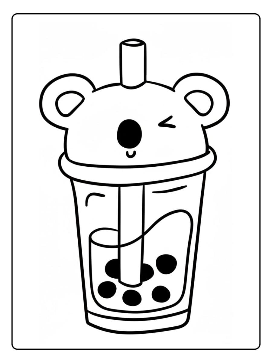 Niedlicher Bubble Tea Becher Charakter mit Koala-Ohren Malvorlage.