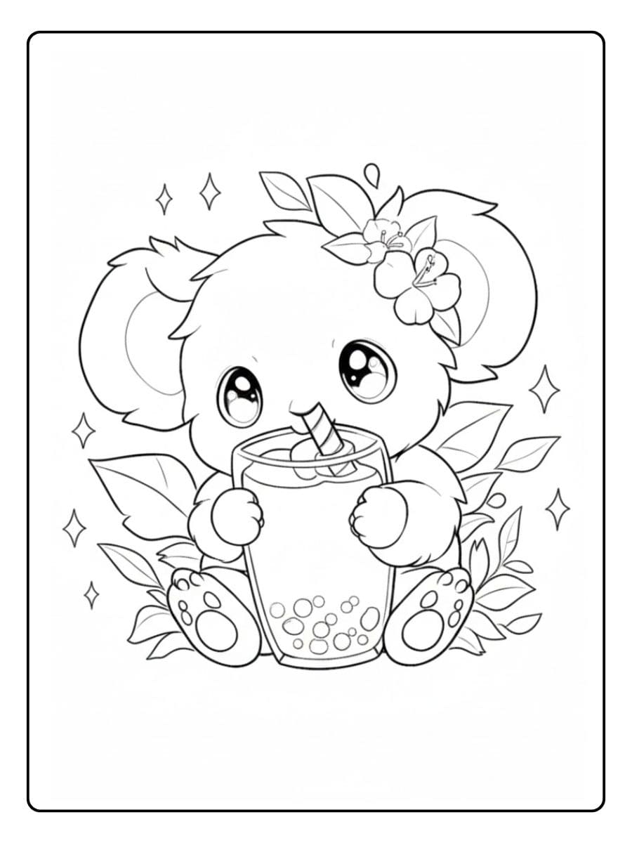 Detailliertes Ausmalbild Koala mit Blumen und Bubble Tea.
