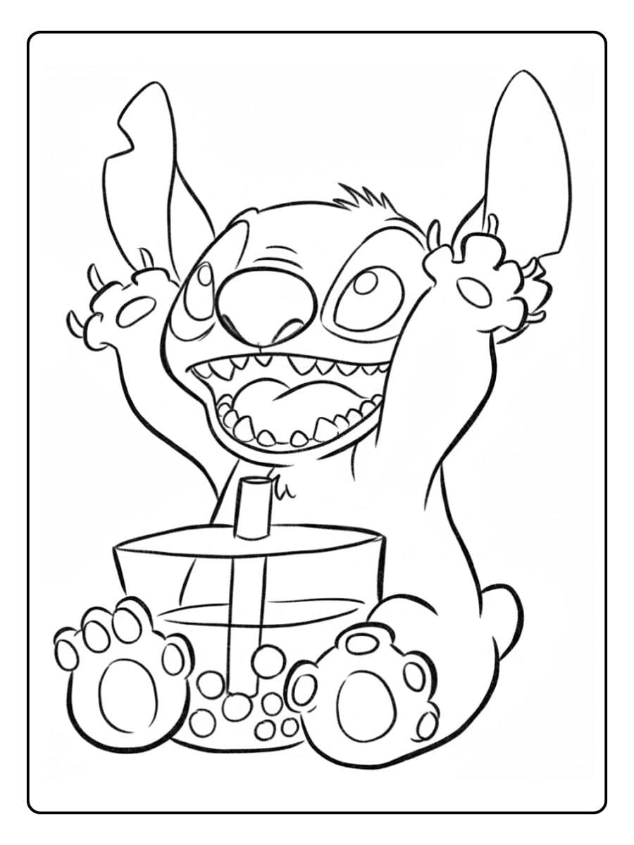 Ausmalbilder Bubble Tea Stitch Fröhlicher Stitch mit Boba Getränk