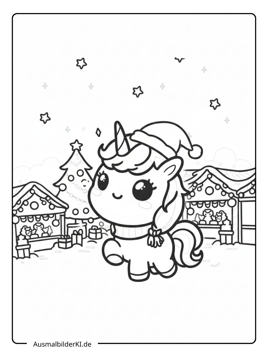Ein kostenloses Einhorn Weihnachten Ausmalbild für Kinder, das ein süßes, kleines Einhorn auf einem Weihnachtsmarkt mit Ständen und einem Baum zeigt.