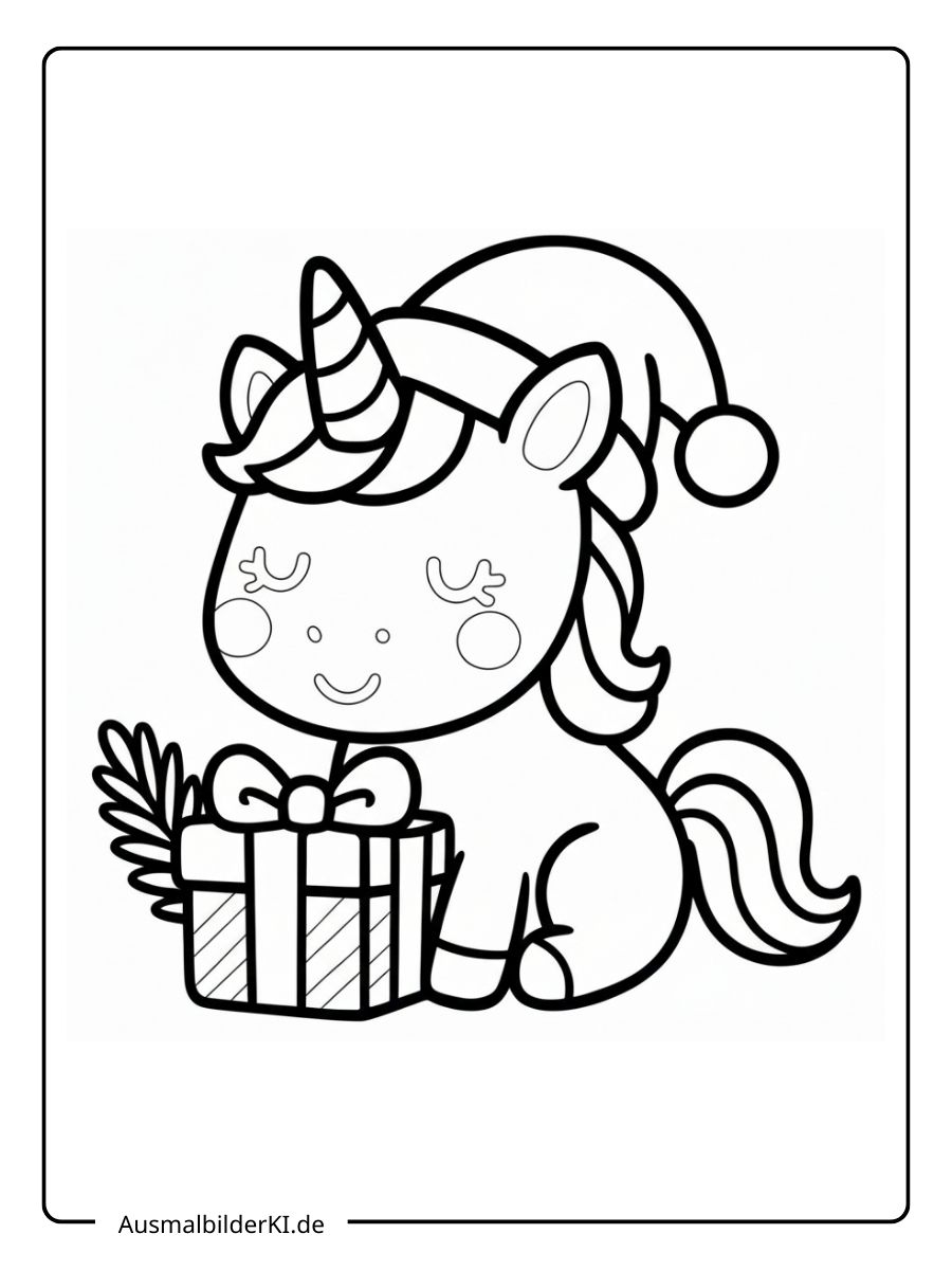 Ein kostenloses Einhorn Weihnachten Ausmalbild für Kinder, das ein süßes, sitzendes Einhorn mit geschlossenen Augen und einem Geschenk zeigt.