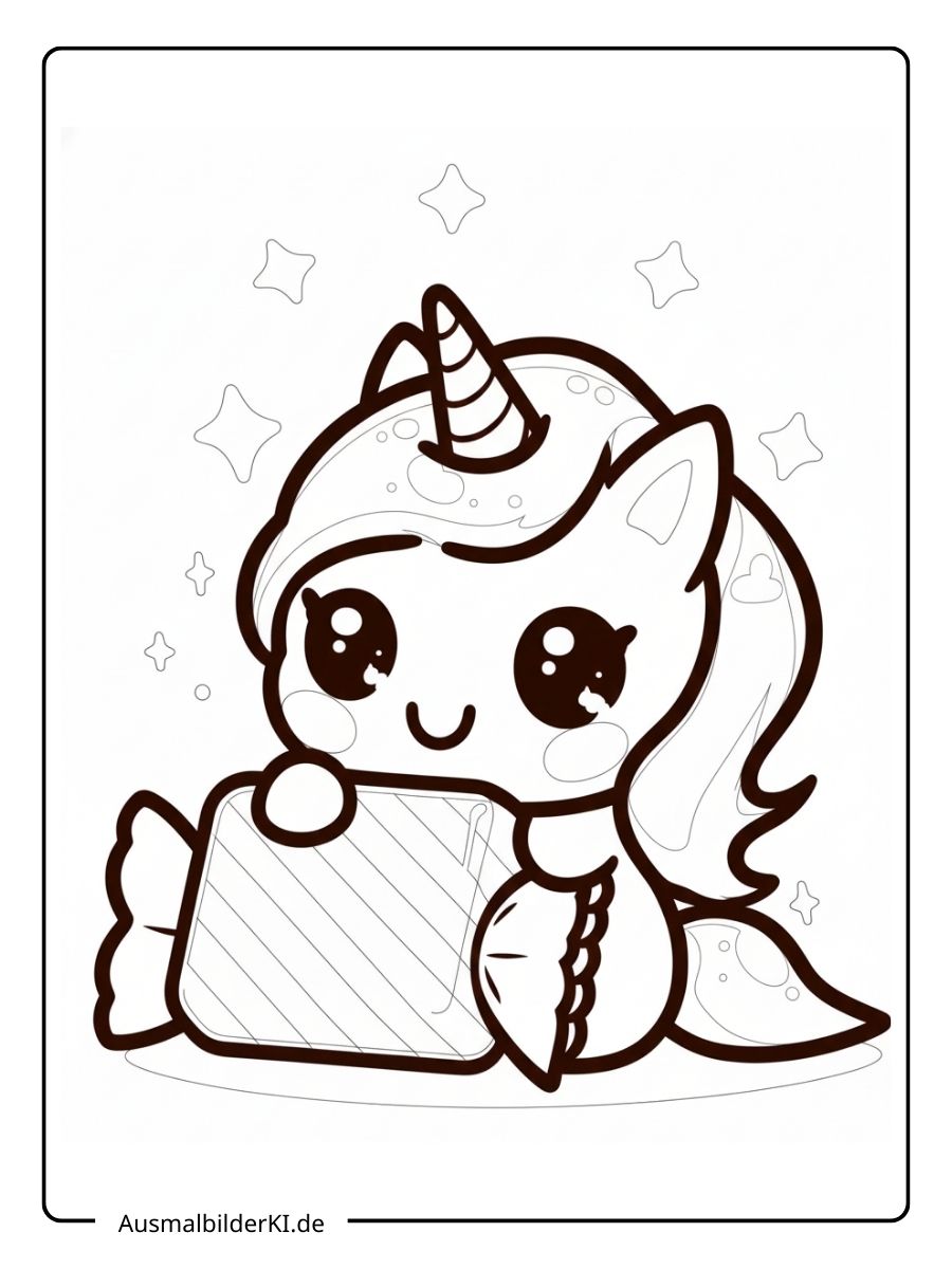 Ein kostenloses Einhorn Weihnachten Ausmalbild für Kinder, das ein sehr süßes Baby-Einhorn mit großen Augen zeigt, das ein Geschenk umarmt.