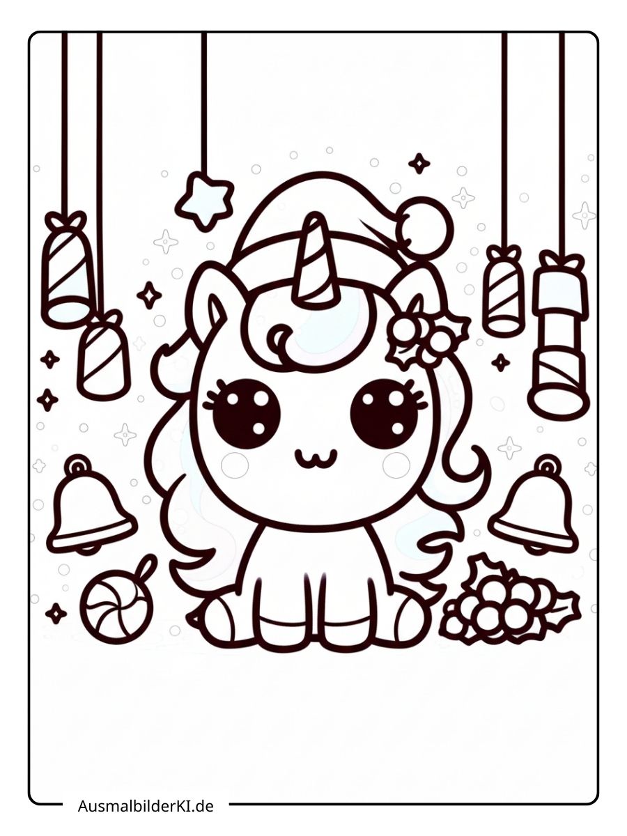 Ein kostenloses Einhorn Weihnachten Ausmalbild für Kinder, das ein süßes Kawaii-Einhorn mit Weihnachtsmütze unter hängender Deko zeigt.