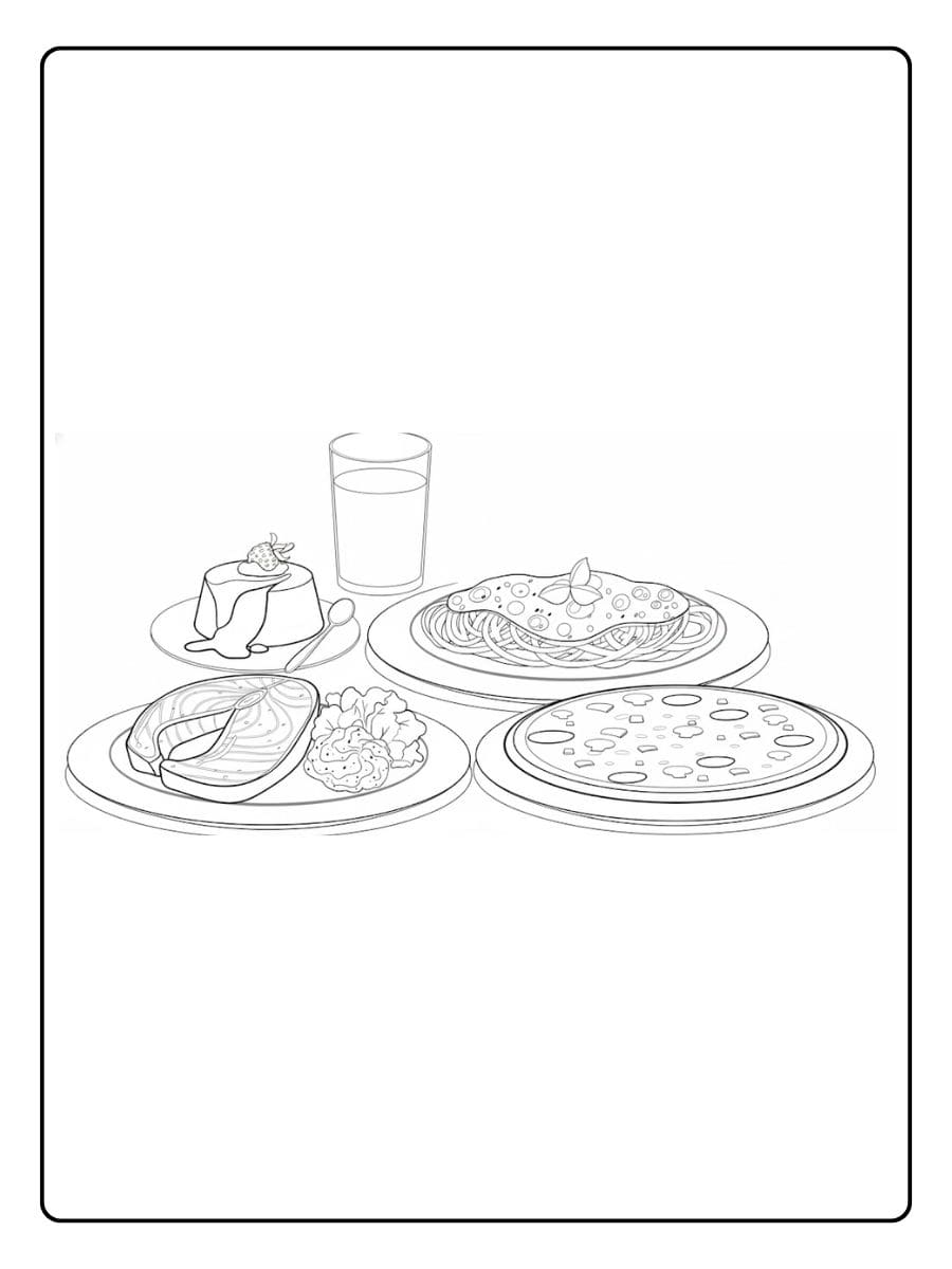 Ein kostenloses Essen Ausmalbild als PDF zum Ausdrucken, das ein ganzes Menü mit Pizza, Pasta, Fisch und Nachtisch zeigt.