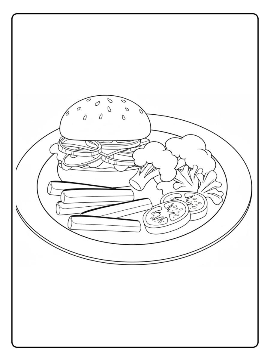 Ein kostenloses Essen Ausmalbild als PDF zum Ausdrucken, das einen Teller mit einem Hamburger, Pommes Frites und gesundem Gemüse zeigt.