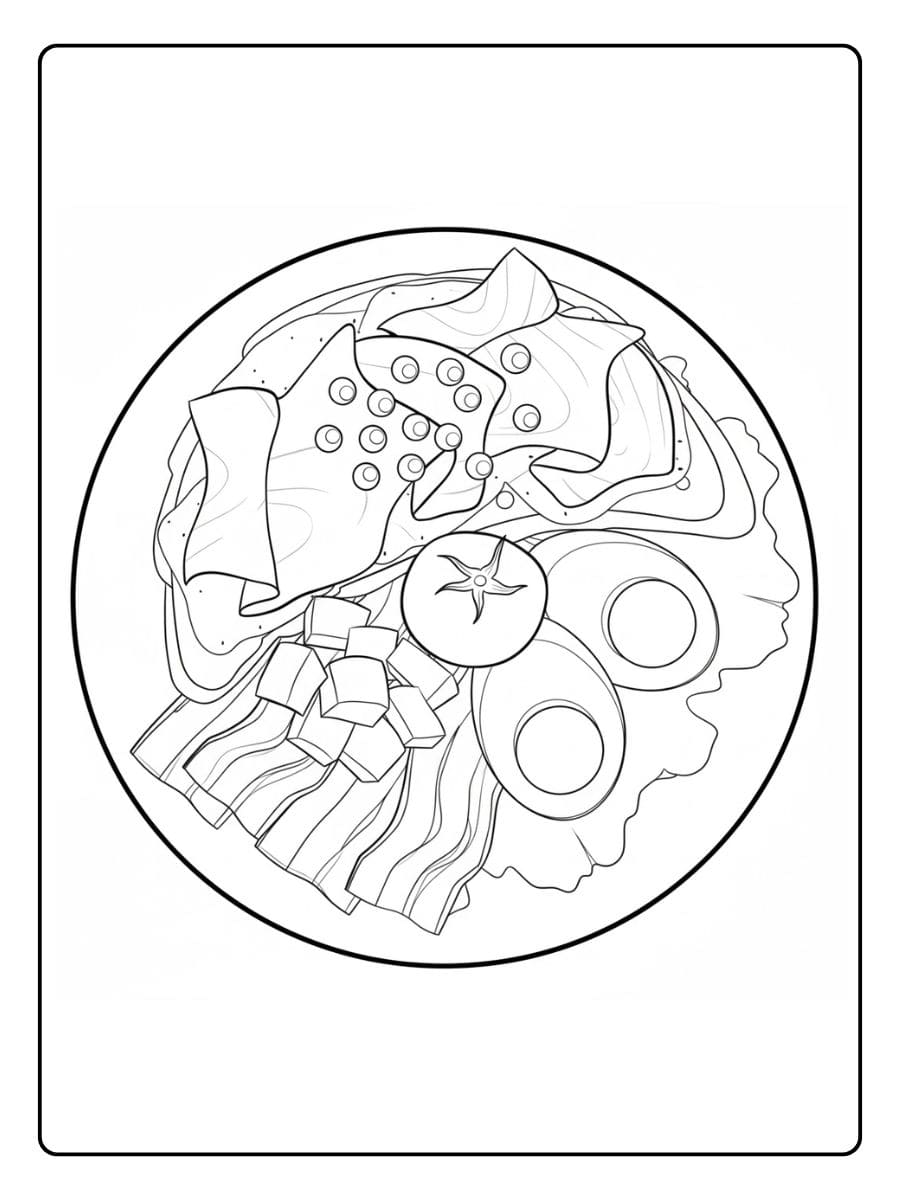 Ein kostenloses Essen Ausmalbild als PDF zum Ausdrucken, das einen gesunden Salatteller mit Eiern, Schinken, Käse und Croutons zeigt.