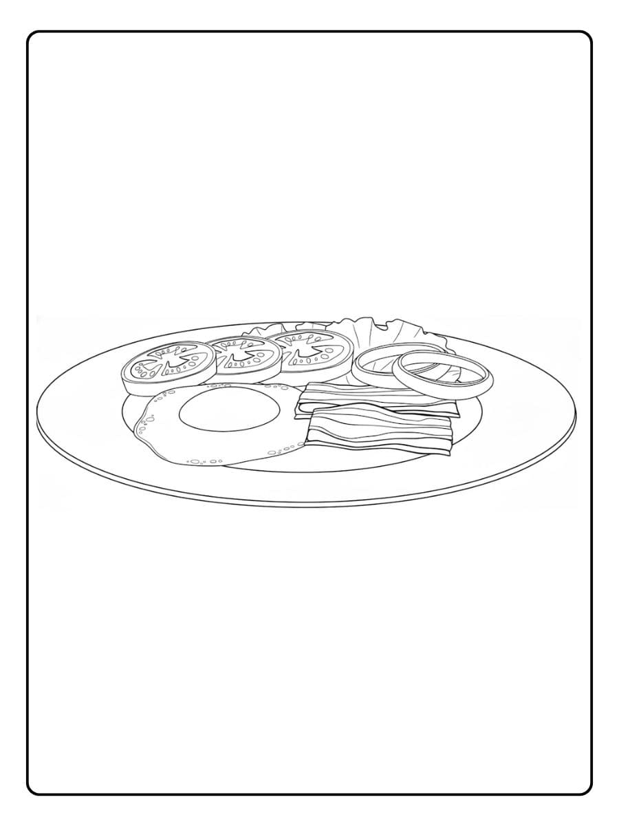 Ein kostenloses Essen Ausmalbild als PDF zum Ausdrucken, das einen leckeren Frühstücksteller mit Spiegelei, Speck und Tomaten zeigt.