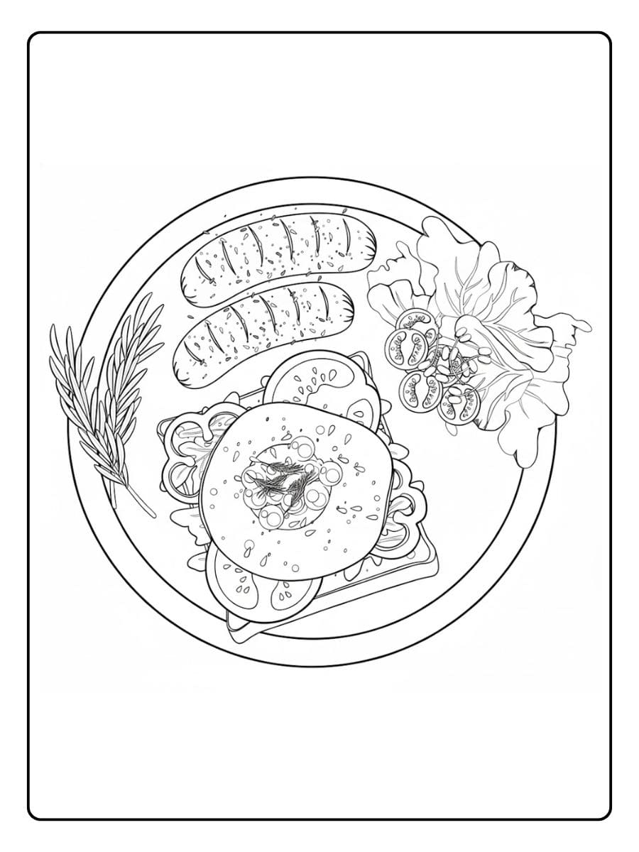 Ein kostenloses Essen Ausmalbild als PDF zum Ausdrucken, das einen Teller mit zwei Würstchen, einem belegten Sandwich und Salat von oben zeigt.