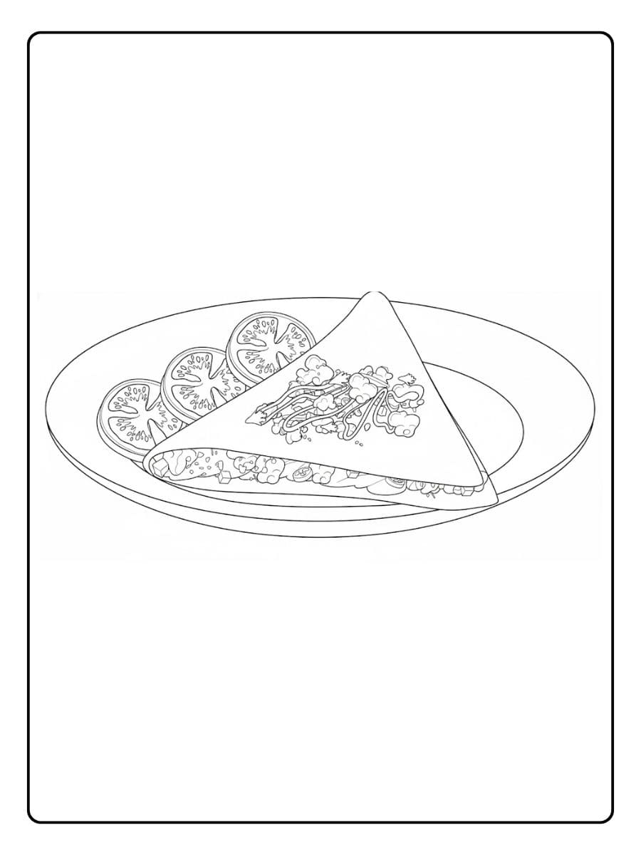 Ein kostenloses Essen Ausmalbild als PDF zum Ausdrucken, das einen gefüllten Crêpe mit Tomatenscheiben auf einem Teller zeigt.