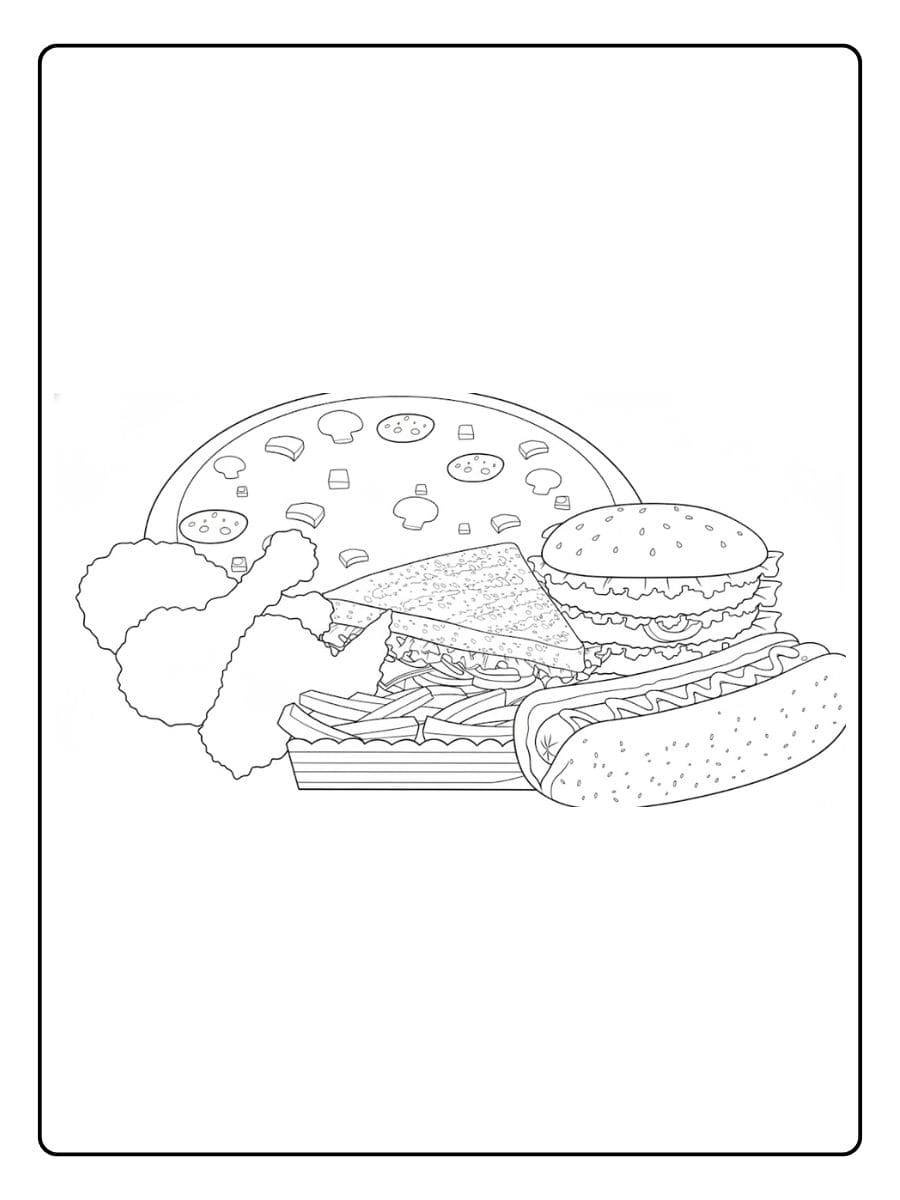 Ein kostenloses Essen Ausmalbild als PDF zum Ausdrucken, das eine Sammlung von Fast Food wie Pizza, Burger, Hot Dog und Hähnchenkeulen zeigt.