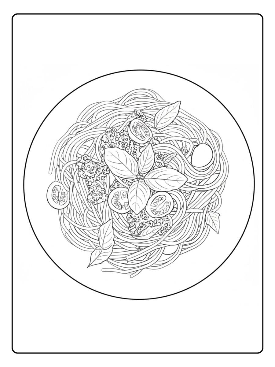 Ein kostenloses Essen Ausmalbild als PDF zum Ausdrucken, das einen detaillierten Teller Spaghetti mit Soße, Tomaten und frischem Basilikum von oben zeigt.