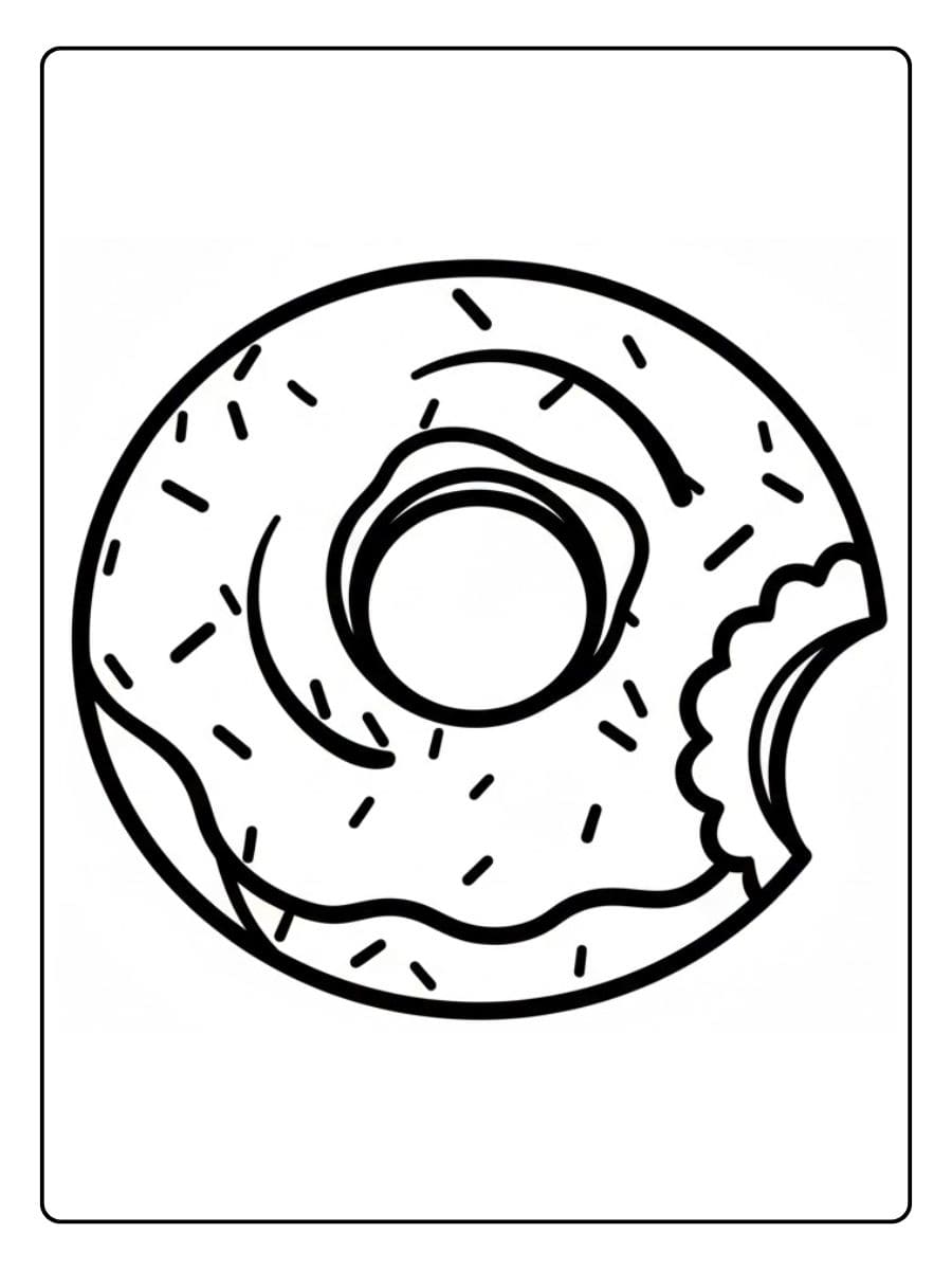 Ein kostenloses süßes Essen Ausmalbild als PDF zum Ausdrucken, das einen leckeren, angebissenen Donut mit vielen Streuseln zeigt.