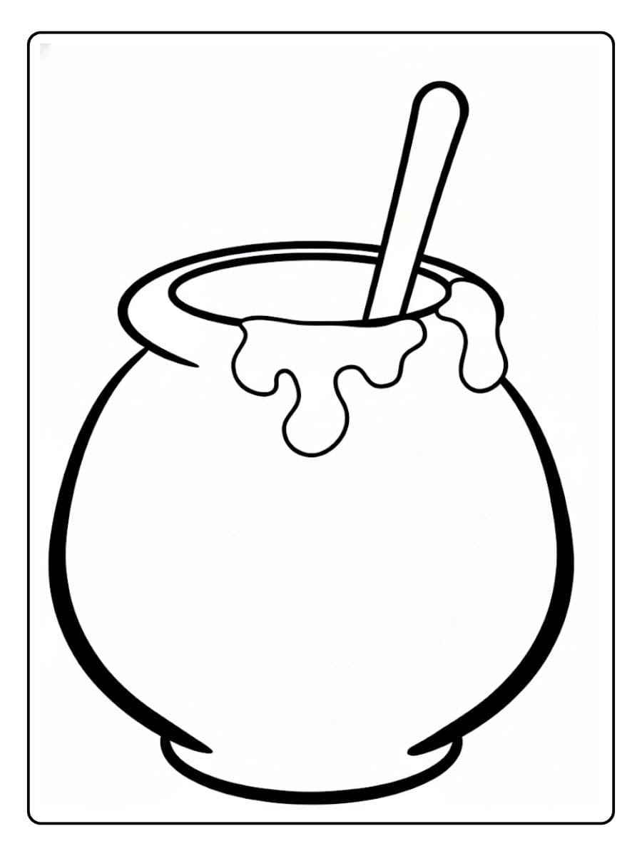 Ein kostenloses süßes Essen Ausmalbild als PDF zum Ausdrucken, das einen runden Honigtopf mit einem Löffel und tropfendem Honig zeigt.