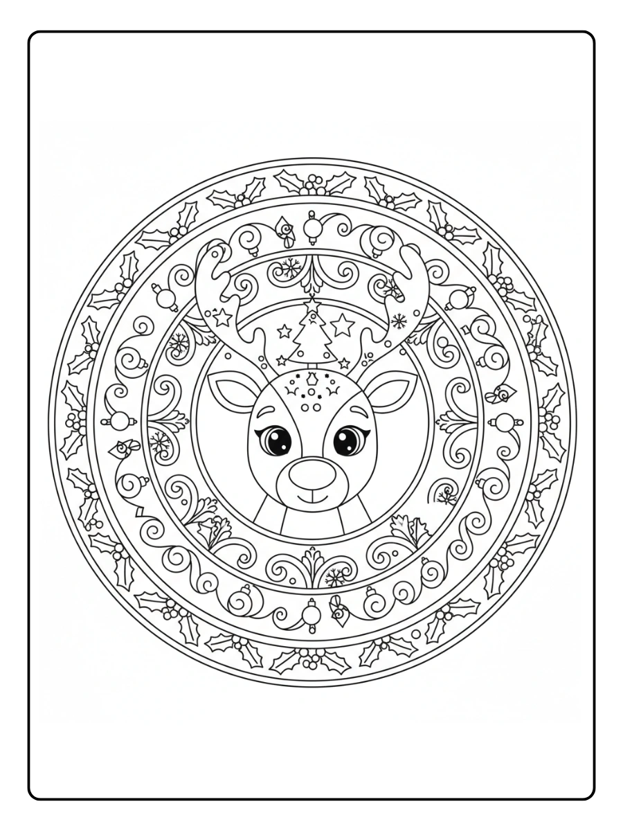 Ausmalbilder Mandala Weihnachten – Rentiergesichter im Kreis