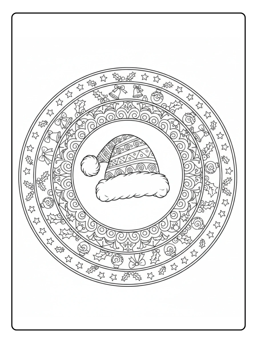 Ausmalbilder Mandala Weihnachten – Santa Hut im Mandala Design