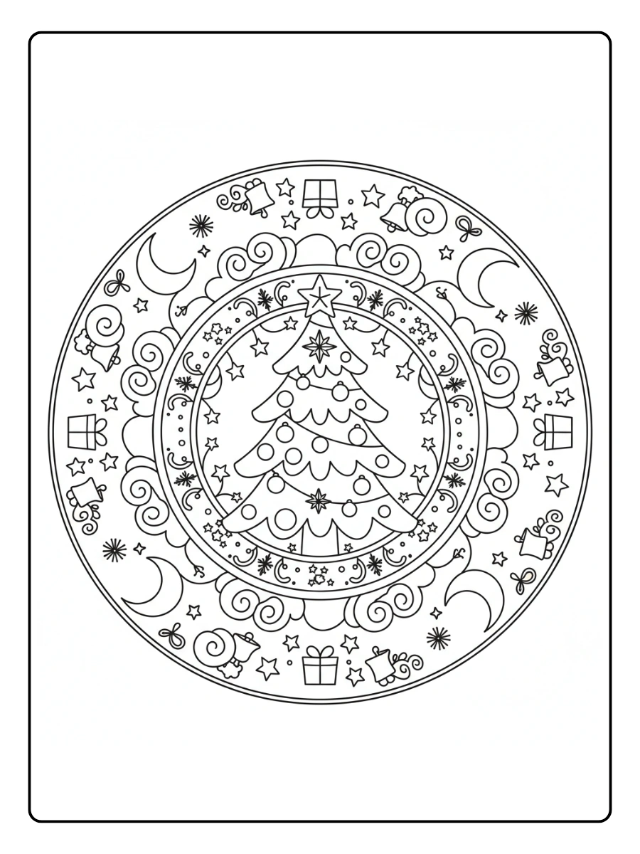 Ausmalbilder Mandala Weihnachten – Sternenhimmel und Weihnachtsbaum