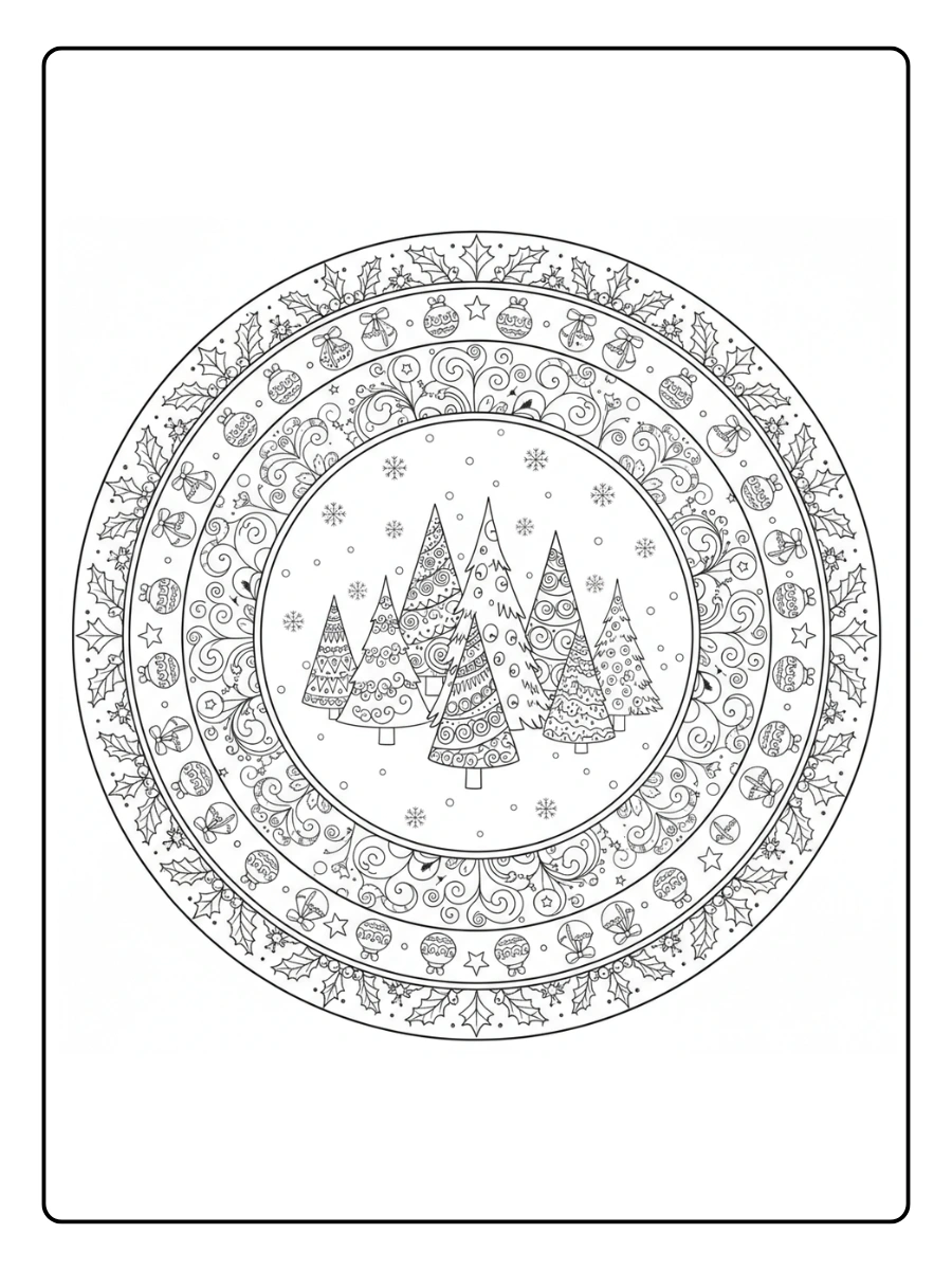 Ausmalbilder Mandala Weihnachten – Winterwald mit Ornamenten
