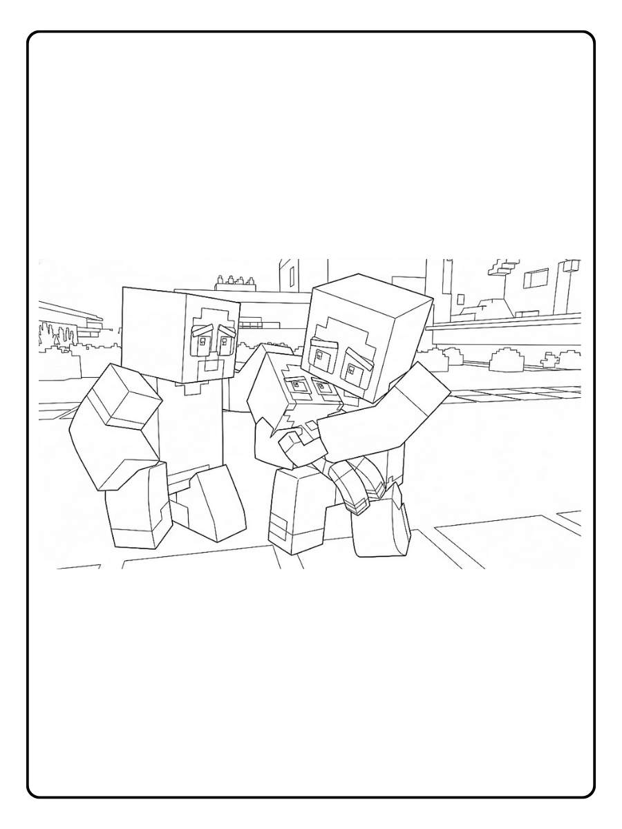 Ausmalbilder Minecraft Monster Kampfszene mit Blockmonstern