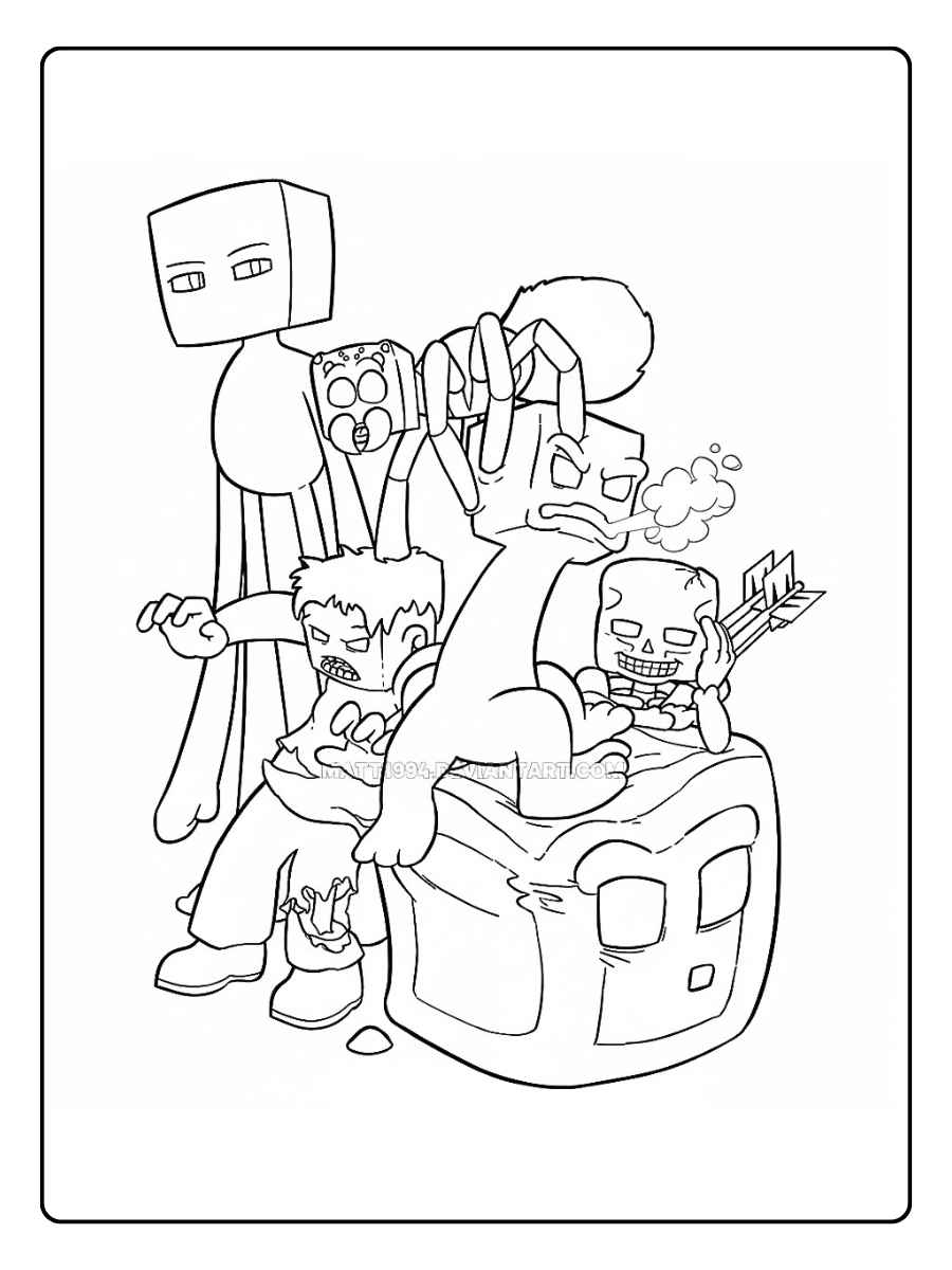 Ausmalbilder Minecraft Monster Monsterteam in einer Lore
