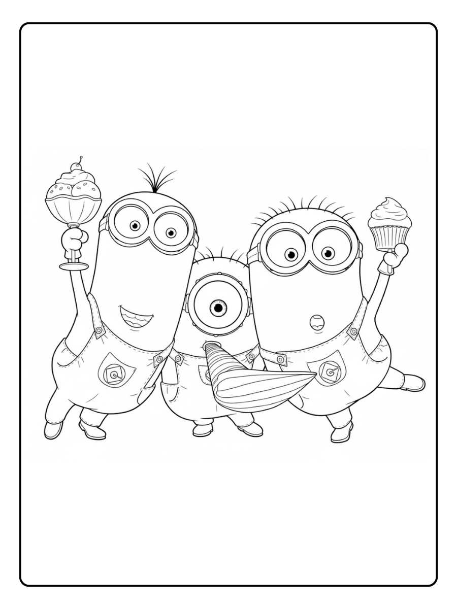 Ausmalbilder Minions Feiernde Minions mit Eis