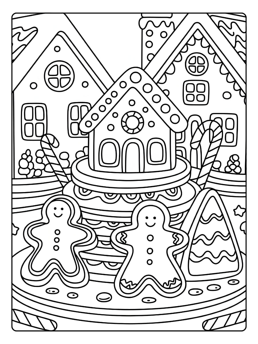 Ausmalbilder Weihnachten – Detaillierte Malvorlage mit einer Lebkuchendorf-Szene.