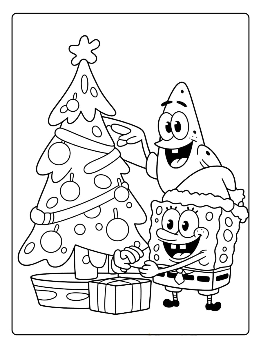 Ausmalbilder Weihnachten - SpongeBob und Patrick schmücken gemeinsam den Weihnachtsbaum.