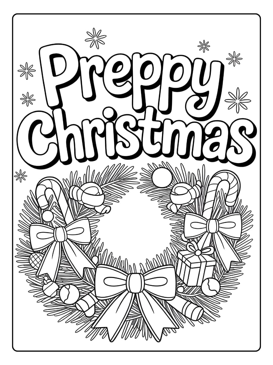 Ausmalbilder Weihnachten - ein Kranz hängt an der Tür