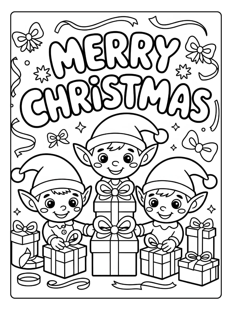 Ausmalbilder Weihnachten - Schenkende Elfen