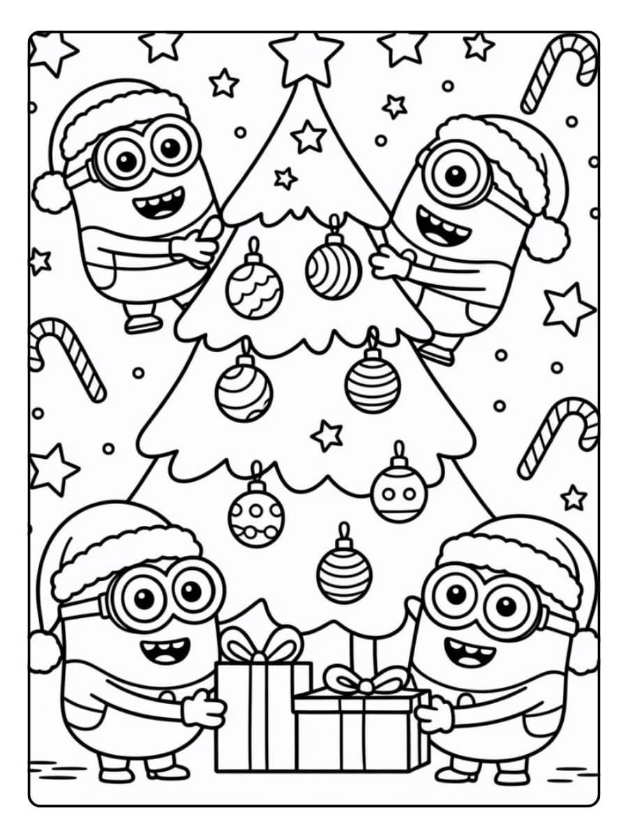 Ausmalbilder Weihnachten - Minions schmücken den Weihnachtsbaum