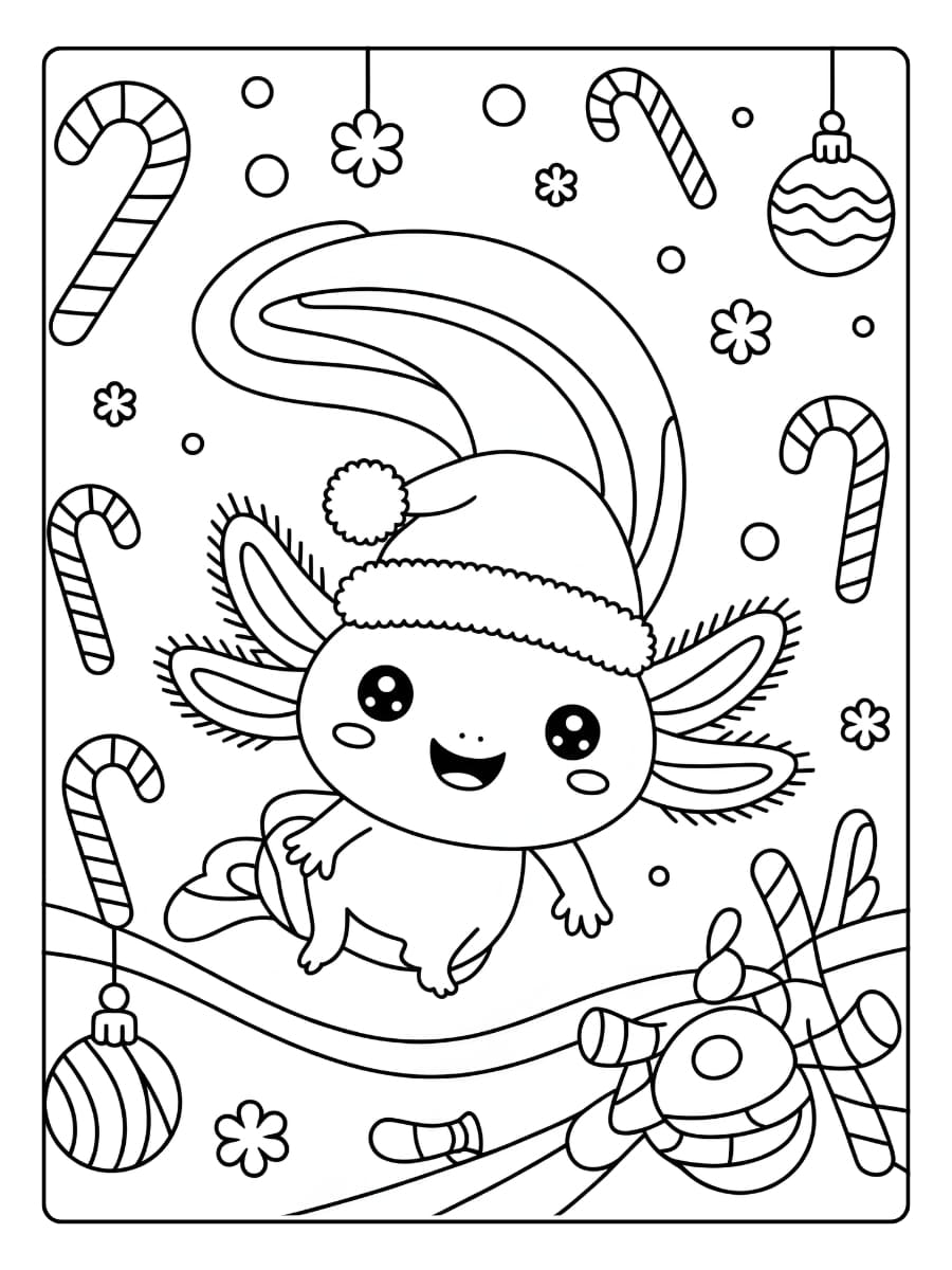 Ausmalbilder Weihnachten - Niedlicher Axolotl mit Weihnachtsmütze.