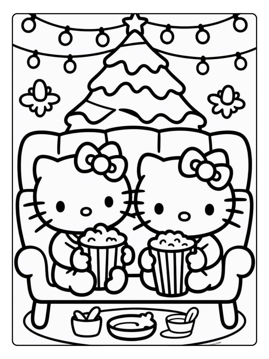 Ausmalbilder Weihnachten - Zwei Hello Kitty Katzen sitzen auf dem Sofa und genießen Popcorn vor dem Weihnachtsbaum.