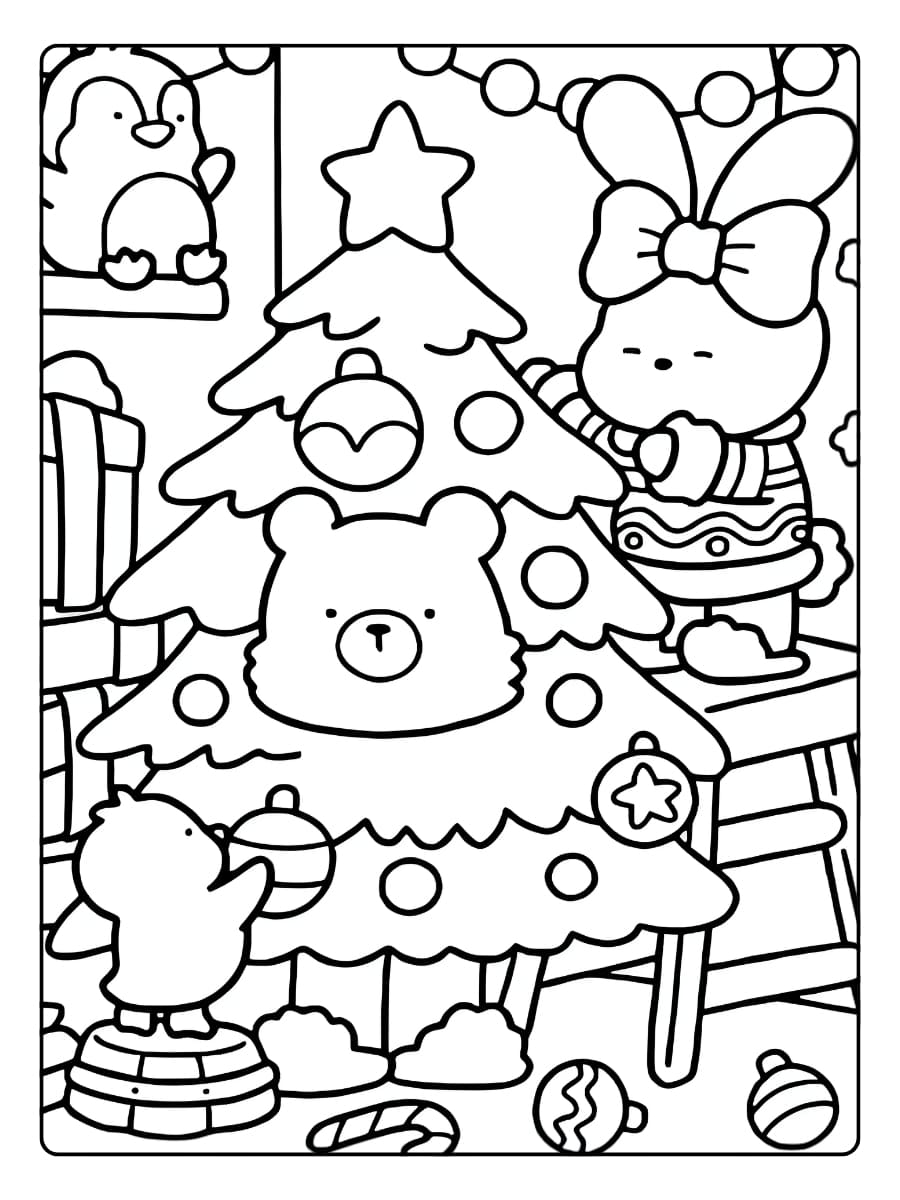 Ausmalbilder Weihnachten – bezaubernde Figuren, die einen Weihnachtsbaum schmücken.