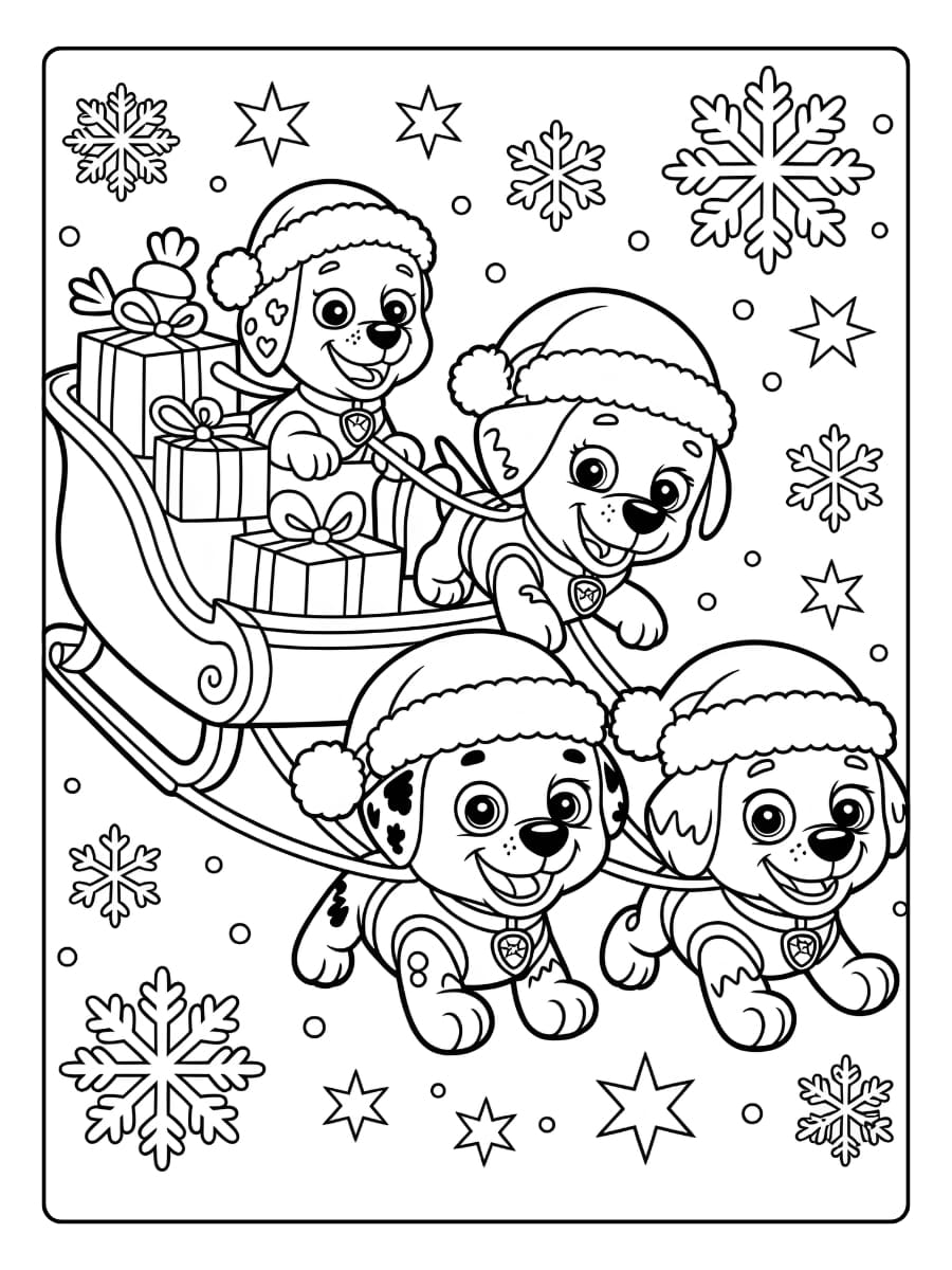 Ausmalbilder Weihnachten - Hunde ziehen einen Schlitten und tragen Geschenke