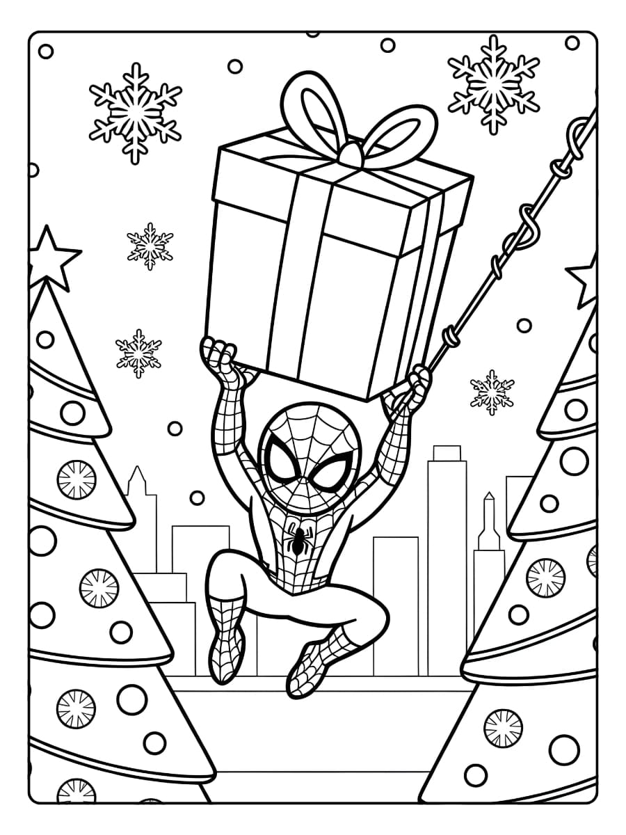 Ausmalbilder Weihnachten - Spider-Man bringt Weihnachtsgeschenke