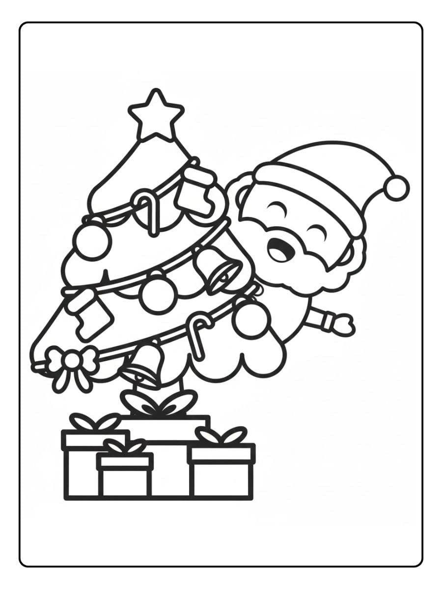 Ausmalbilder Weihnachten Grundschule Lustiger Weihnachtsmann mit Weihnachtsbaum