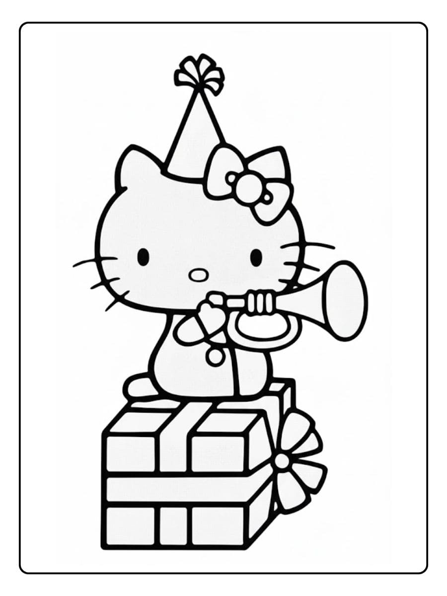 Ausmalbilder Weihnachten Hello Kitty Party Feier mit Trompete und Geschenk